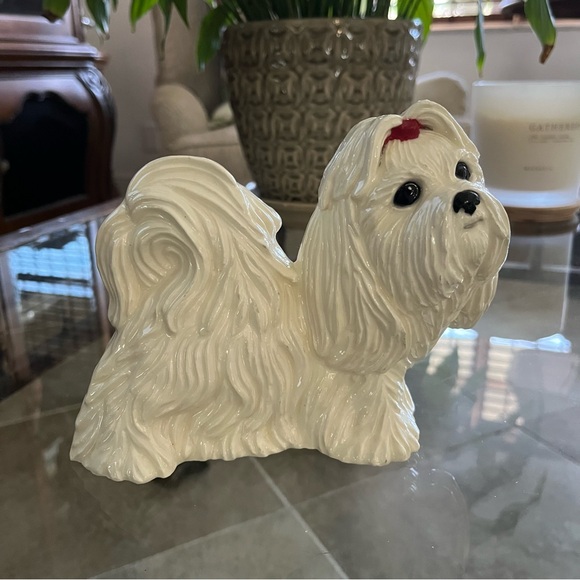 Lhasa Apso Ceramic Figure White Red Bow Long Hair Dog Mold MCM Vintage - Picture 1 of 13